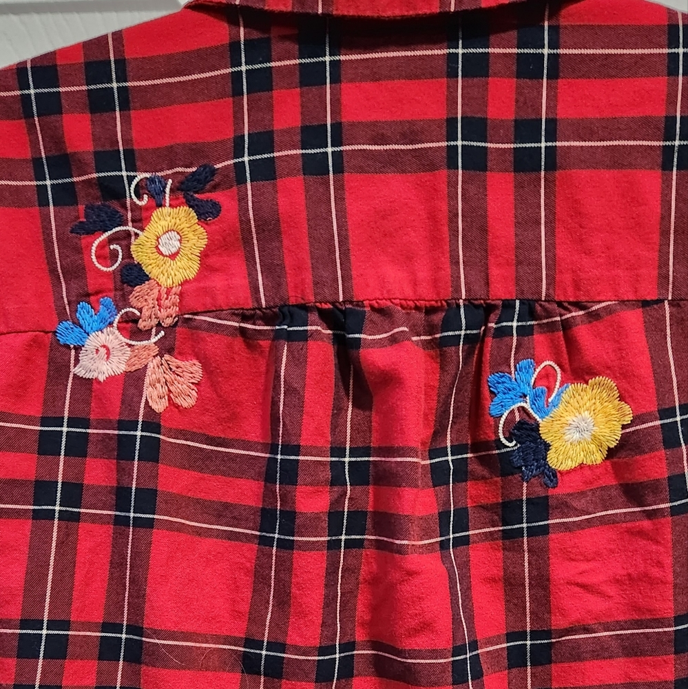 Madewell red black embroidered plaid button down shirt size Small - Picture 6 of 8